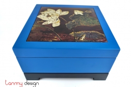 Blue square lacquer box attached with lotus lacquer painting included with stand 25xH10 cm